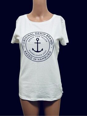 TOM TAILOR DENIM GRAPHIC T-SHIRT ANCHOR LOGO CREW NECK WOMENS WHITE SIZE SMALL